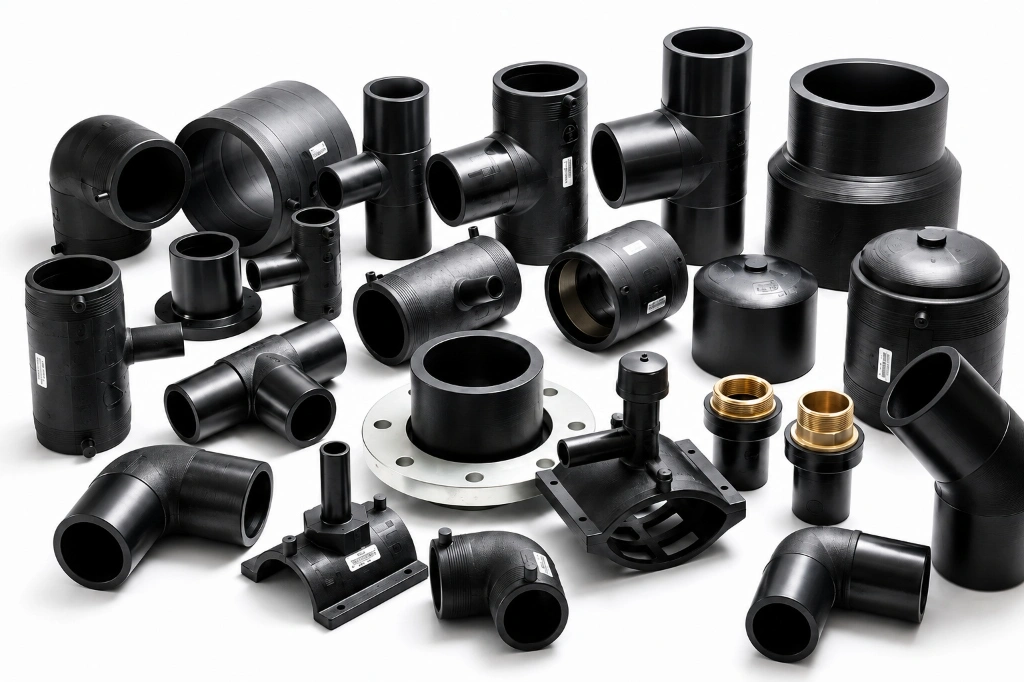 Range of moulded HDPE fittings including 90° elbow, reducers, end caps, tees, stub ends and flanges