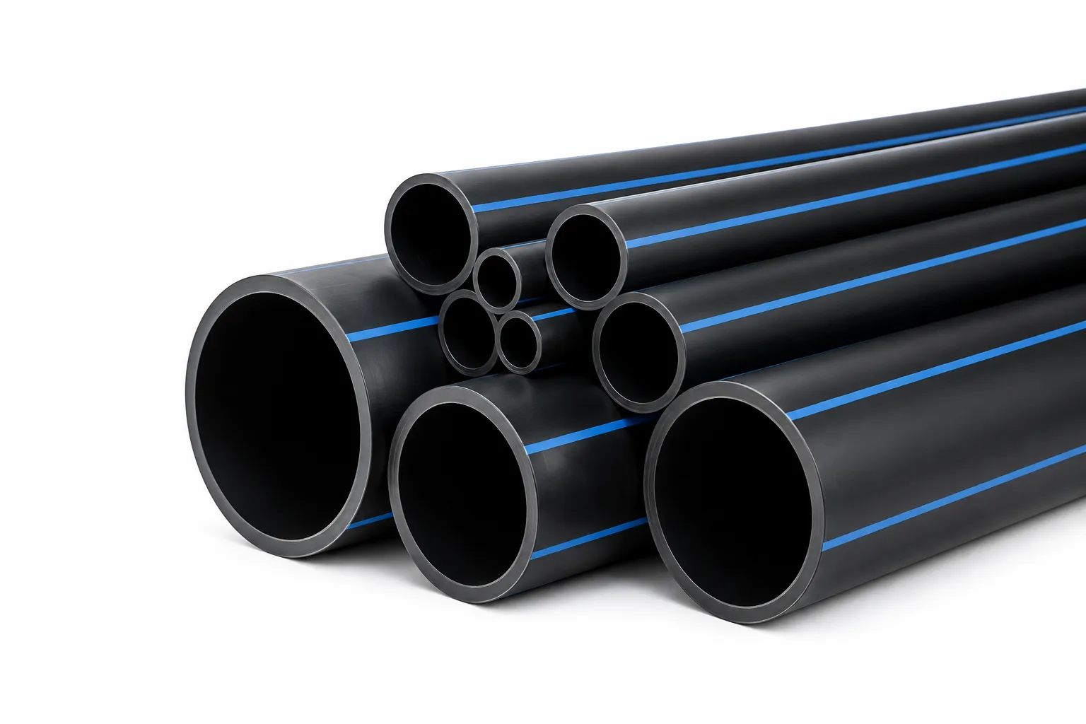 Cut sections of black HDPE pipes with blue stripes in several diameters, showing wall thickness and bore