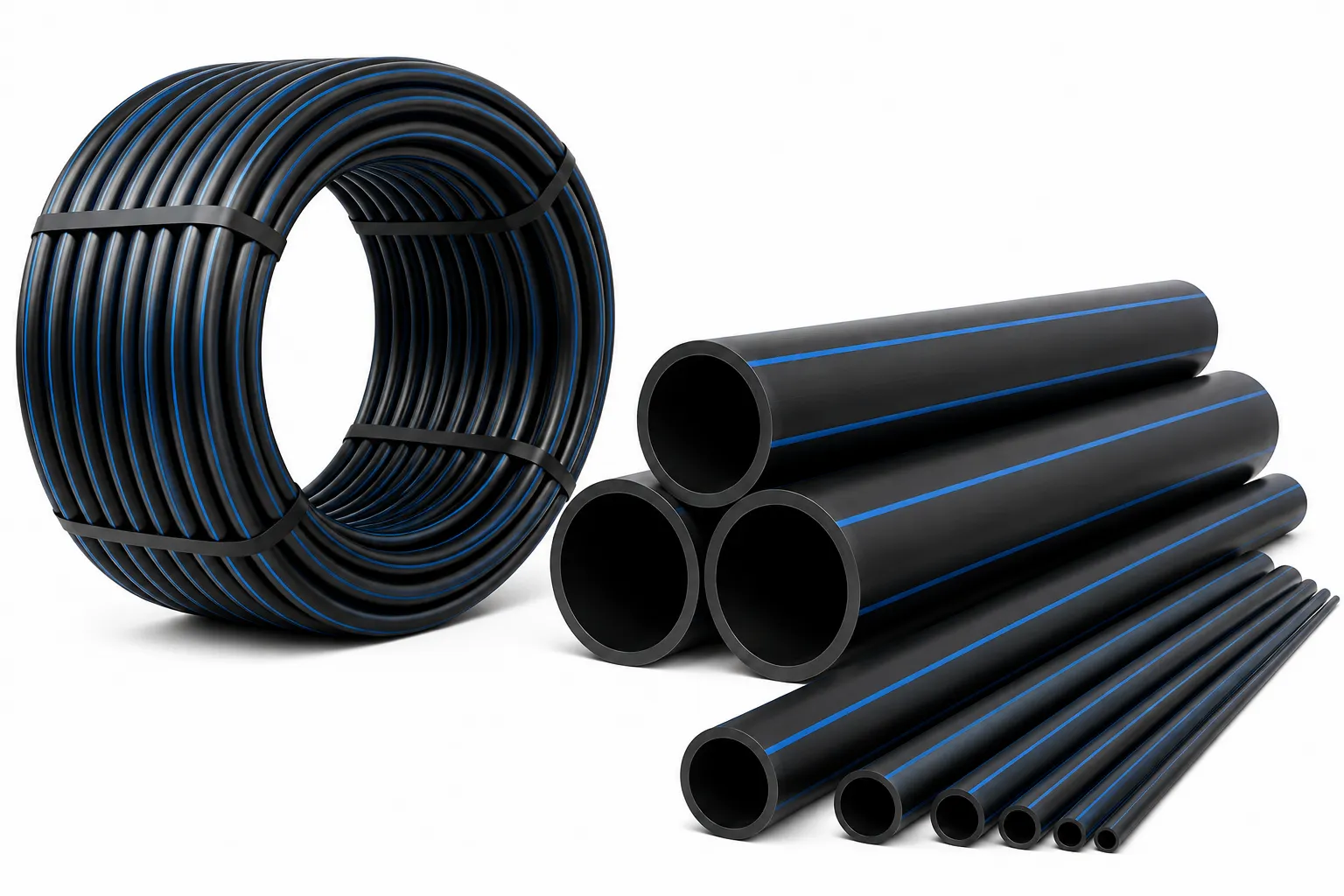 HDPE pipe supplied as a coil alongside straight lengths in several diameters