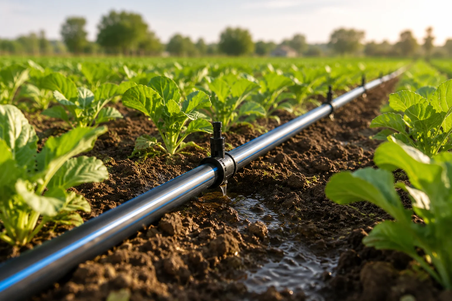 Black HDPE irrigation lateral running along a crop row with a compression fitting and outlet