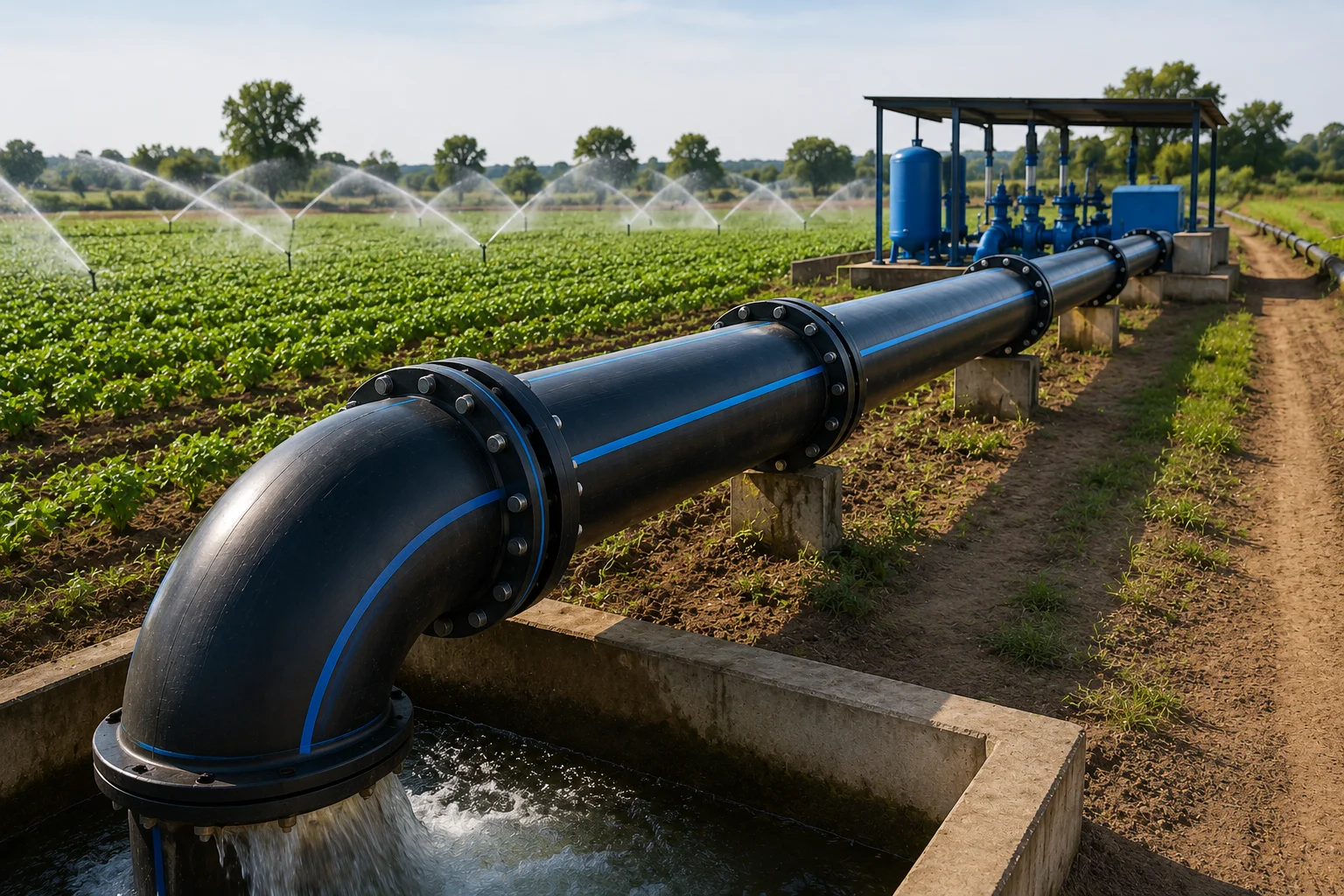 Large flanged HDPE irrigation main line feeding a sprinkler field from a pump house