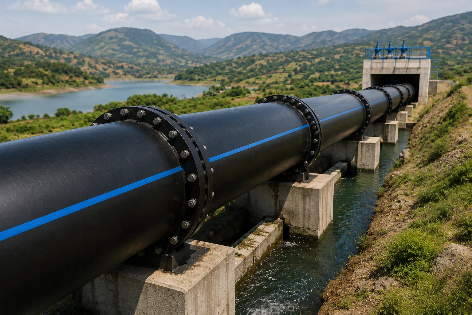 Large diameter HDPE water transmission main on concrete supports running alongside a reservoir