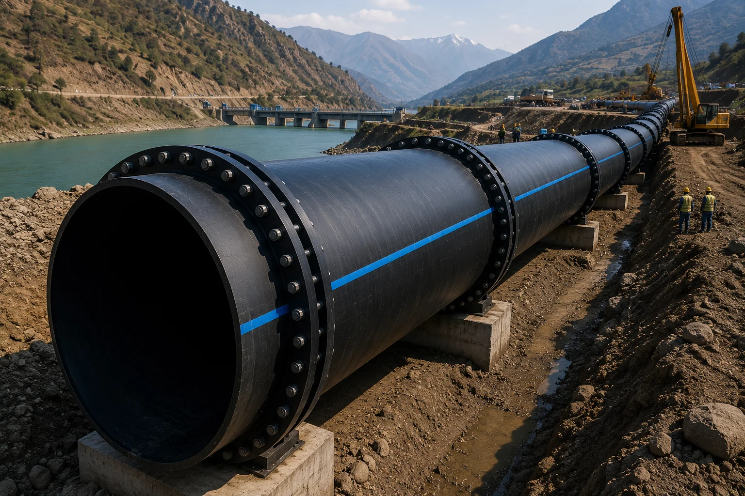 Very large diameter HDPE pipeline under construction beside a river with workers and an excavator for scale