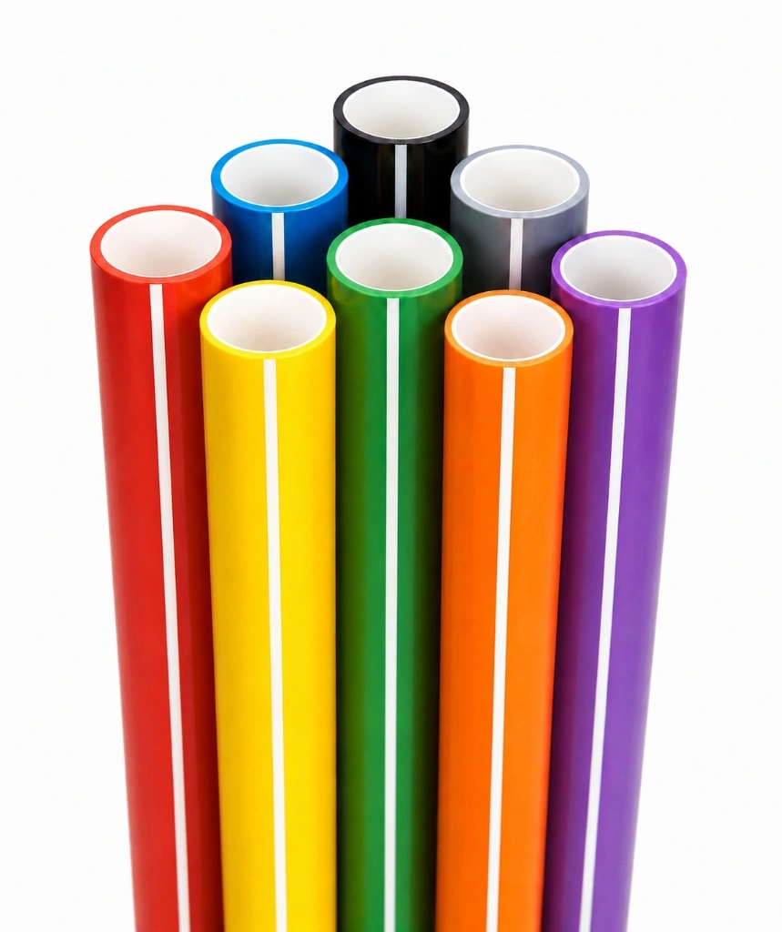 Colour-coded HDPE PLB duct pipes with white identification stripes in red, yellow, green, orange, blue, purple, grey and black